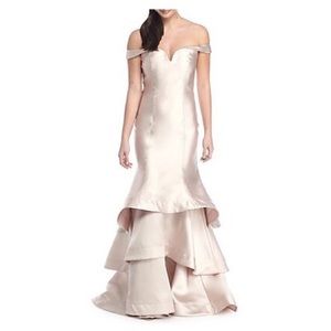Satin off the shoulder ruffle hem gown